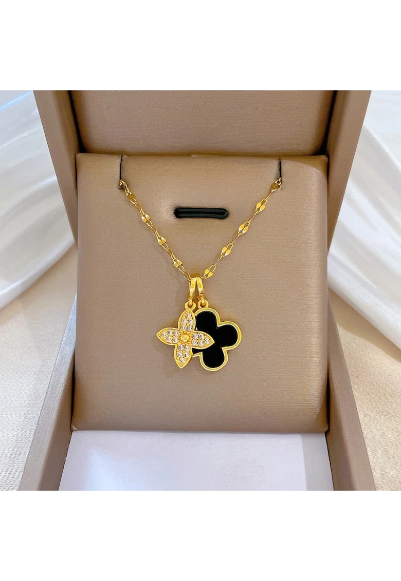 Colier auriu - din otel inoxidabil - suflat cu aur 18k - cu 2 piese de trifoi si pietre din zirconiu - Idda C4