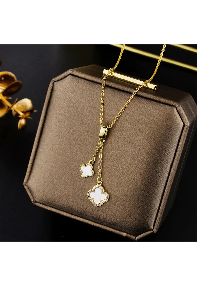 Colier auriu - din otel inoxidabil - suflat cu aur 18k - cu 2 piese de trifoi alb si pietre din zirconiu - Inanda C4