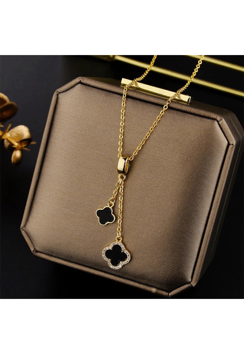 Colier auriu - din otel inoxidabil - suflat cu aur 18k - cu 2 piese de trifoi si pietre din zirconiu - Ima C4