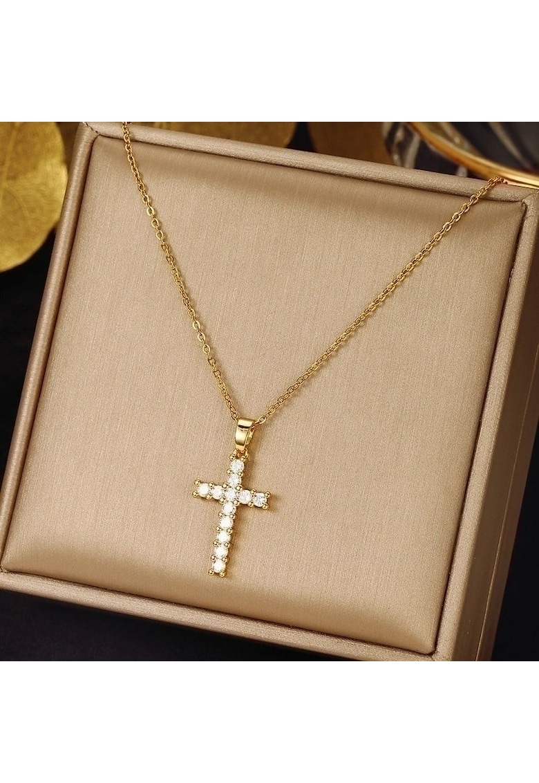Colier auriu - din otel inoxidabil - suflat cu aur 18k - cu cruciulita si pietre din zirconiu - Ineke C4