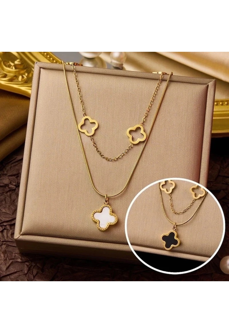 Colier auriu - din otel inoxidabil - suflat cu aur 18k - cu piese in forma de trifoi stilizat - Inessa C4