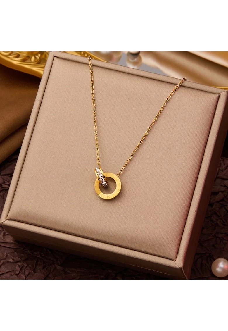 Colier auriu - din otel inoxidabil - suflat cu aur 18k - cu cerculete imbinate si pietre din zirconiu - Inka C4