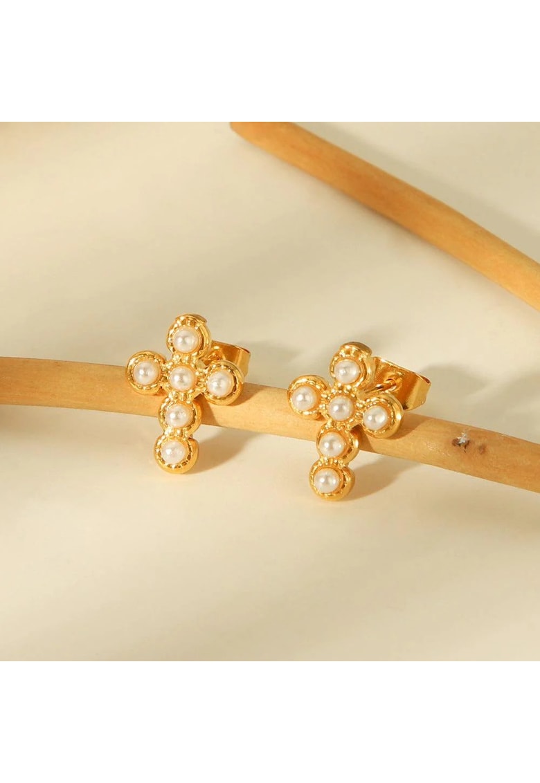 Cercei aurii - din otel inoxidabil - forma de cruciulita - cu perlute - suflati cu aur 18k - Frigga C1