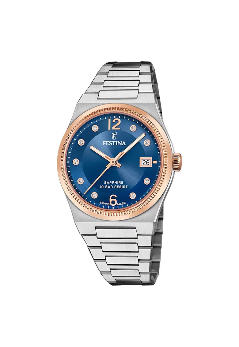 Ceas dama F20037-2 - bratara din otel - carcasa bicolora - diametru 35mm - cadran albastru - rezistent la apa 100m