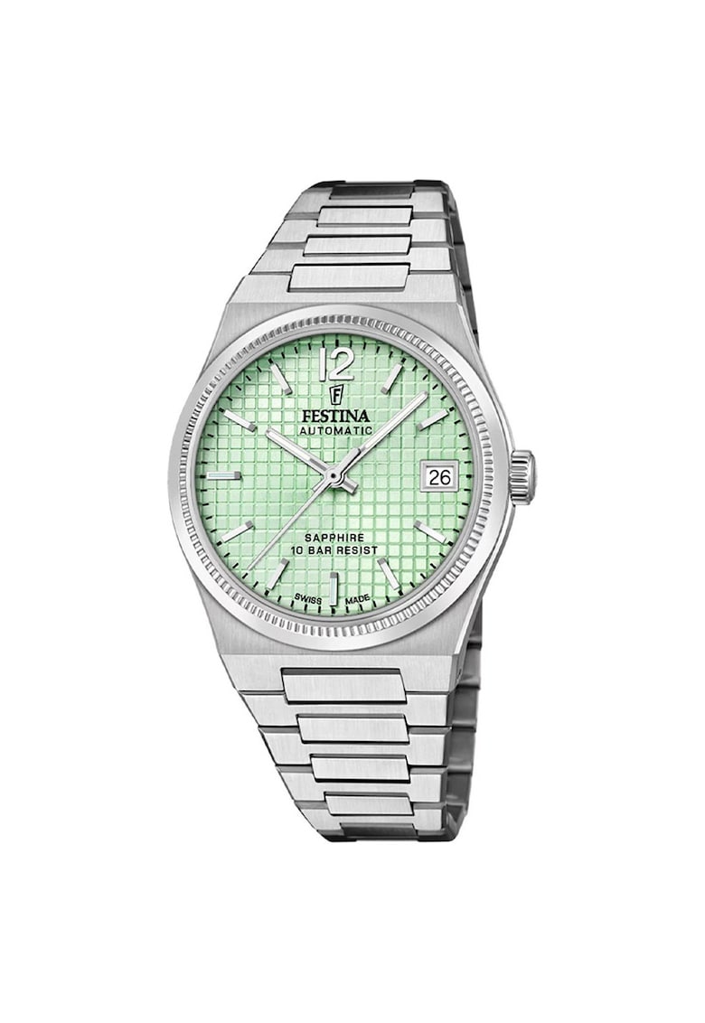 Ceas dama F20029-3 - bratara din otel - carcasa rotunda - 35mm - cadran verde - rezistent la apa 100m - argintiu