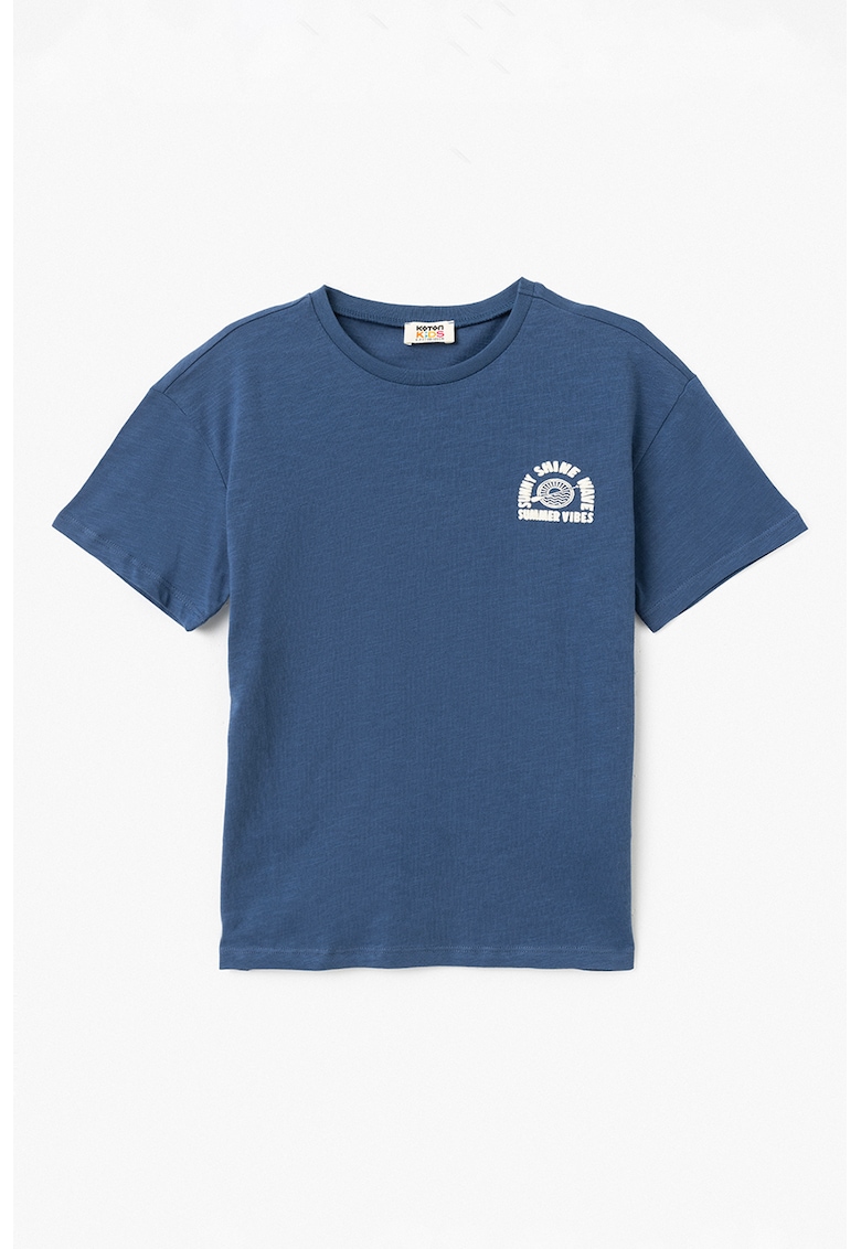 Tricou de bumbac cu imprimeu text - Albastru inchis/Alb murdar