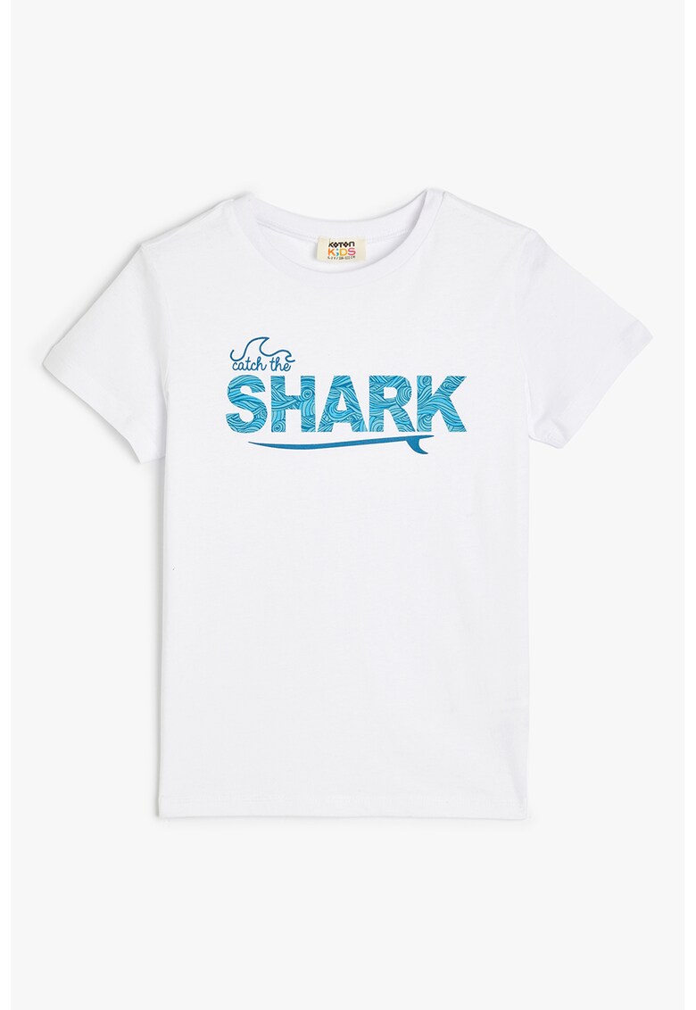 Tricou de bumbac cu imprimeu text - Albastru aquamarin/Alb optic