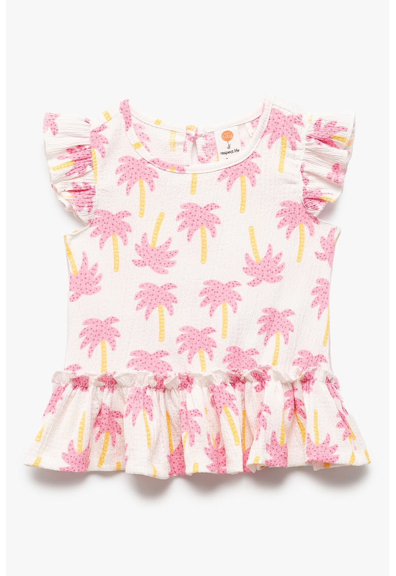 Tricou cu imprimeu si terminatii valurite - Roz pastel/Galben sofran/Alb murdar