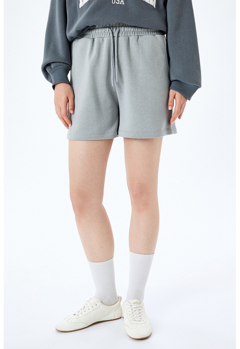 Pantaloni scurti din amestec de bumbac cu buzunare laterale - Albastru prafuit
