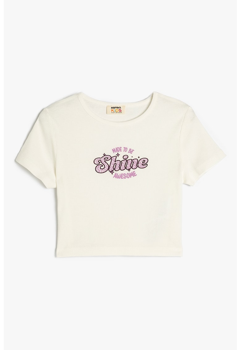 Tricou crop cu imprimeu text - Negru/Lila/Alb murdar