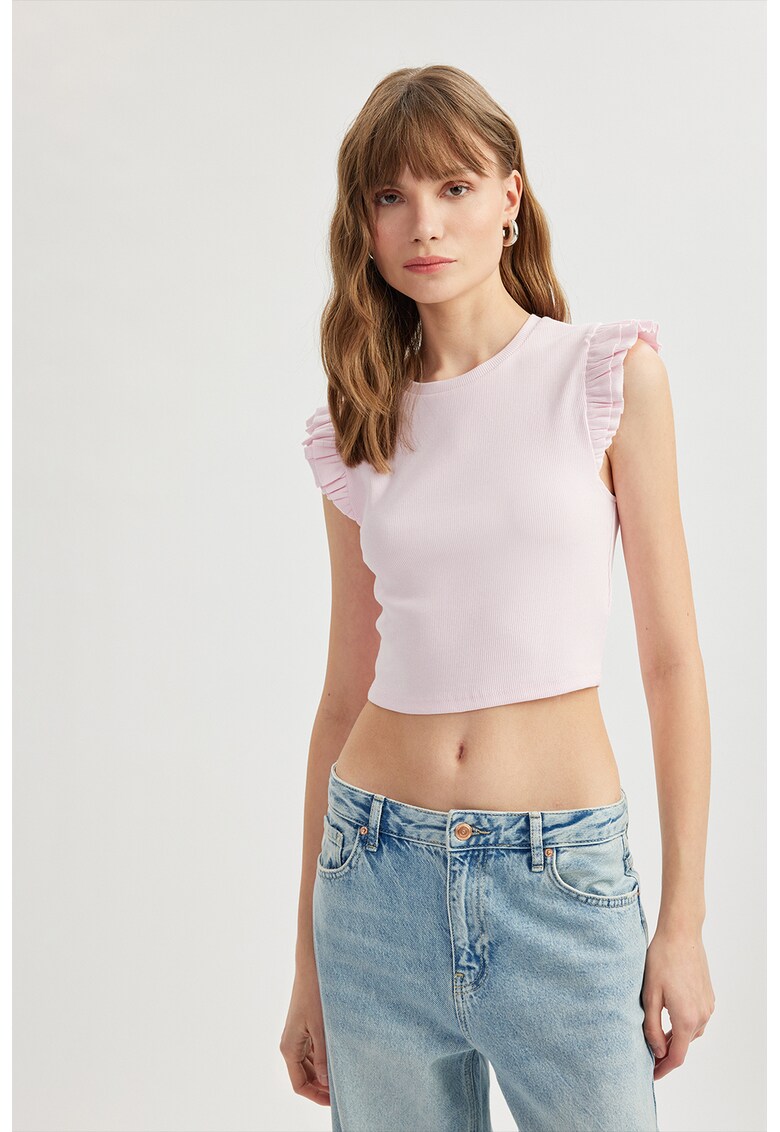 Top slim fit cu volane - Roz pastel