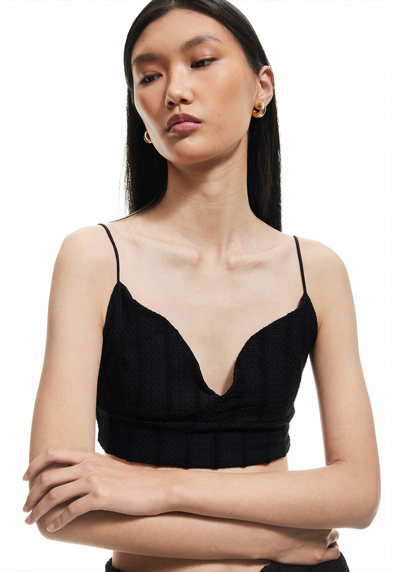 Top crop cu decolteu adanc - Negru