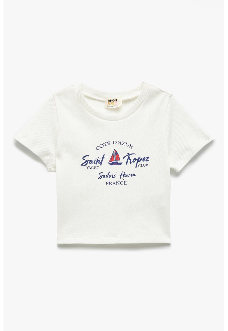 Tricou crop cu imprimeu text - Albastru inchis/Coral/Alb murdar