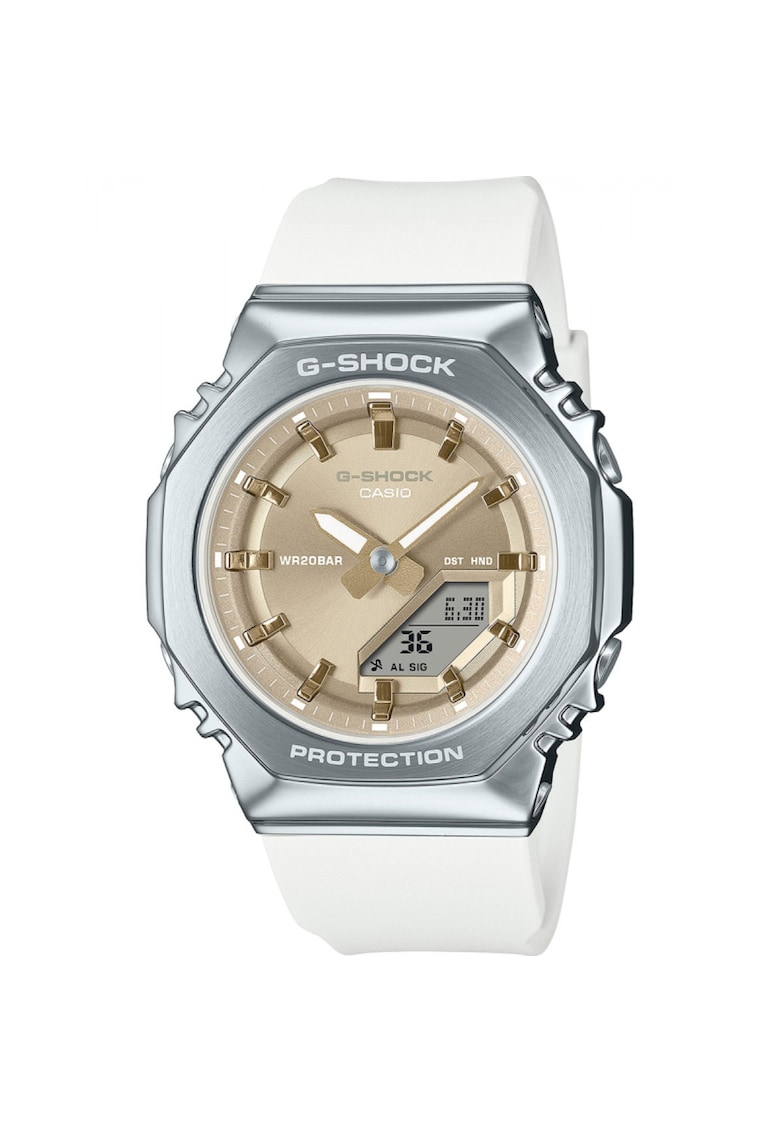 Ceas G-SHOCK Casio 40 mm - curea alba din cauciuc - carcasa din inox - cadran auriu - rezistent la apa 20 ATM Ceas G-SHOCK Casio 40 mm - curea alba din cauciuc - carcasa din inox - cadran auriu - rezistent la apa 20 ATM