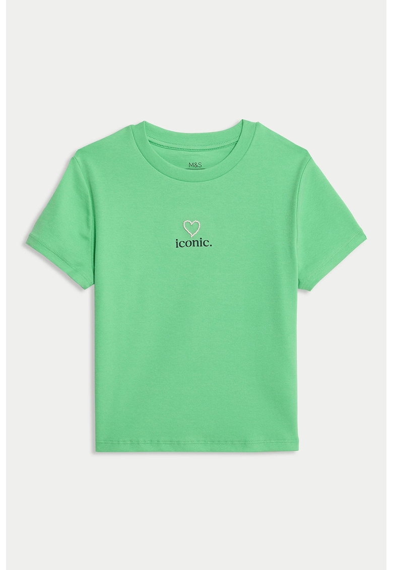 Tricou din amestec de bumbac cu decolteu la baza gatului - Verde deschis