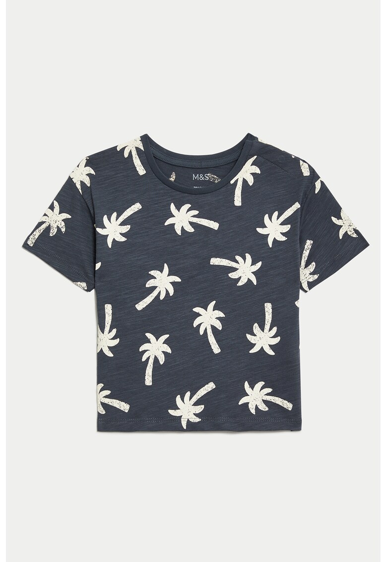 Tricou cu model tropical si decolteu la baza gatului - Alb murdar/Bleumarin