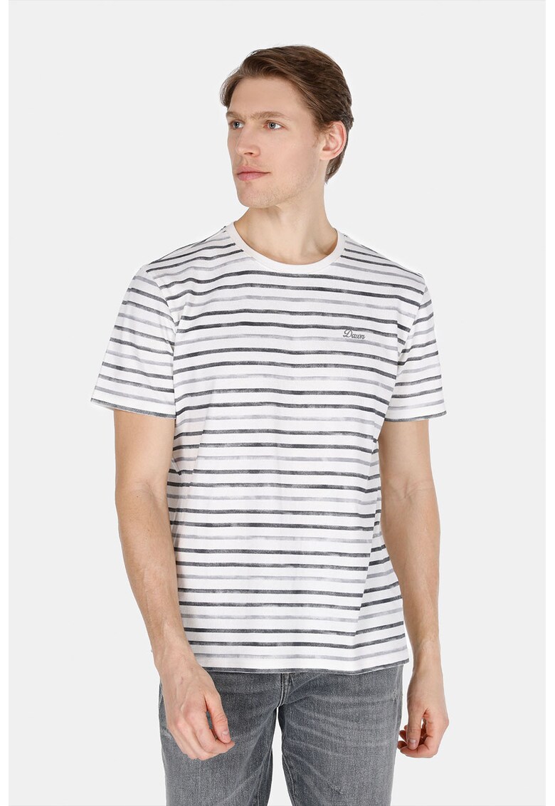 Tricou cu decolteu la baza gatului si model in dungi - Alb murdar/Gri inchis