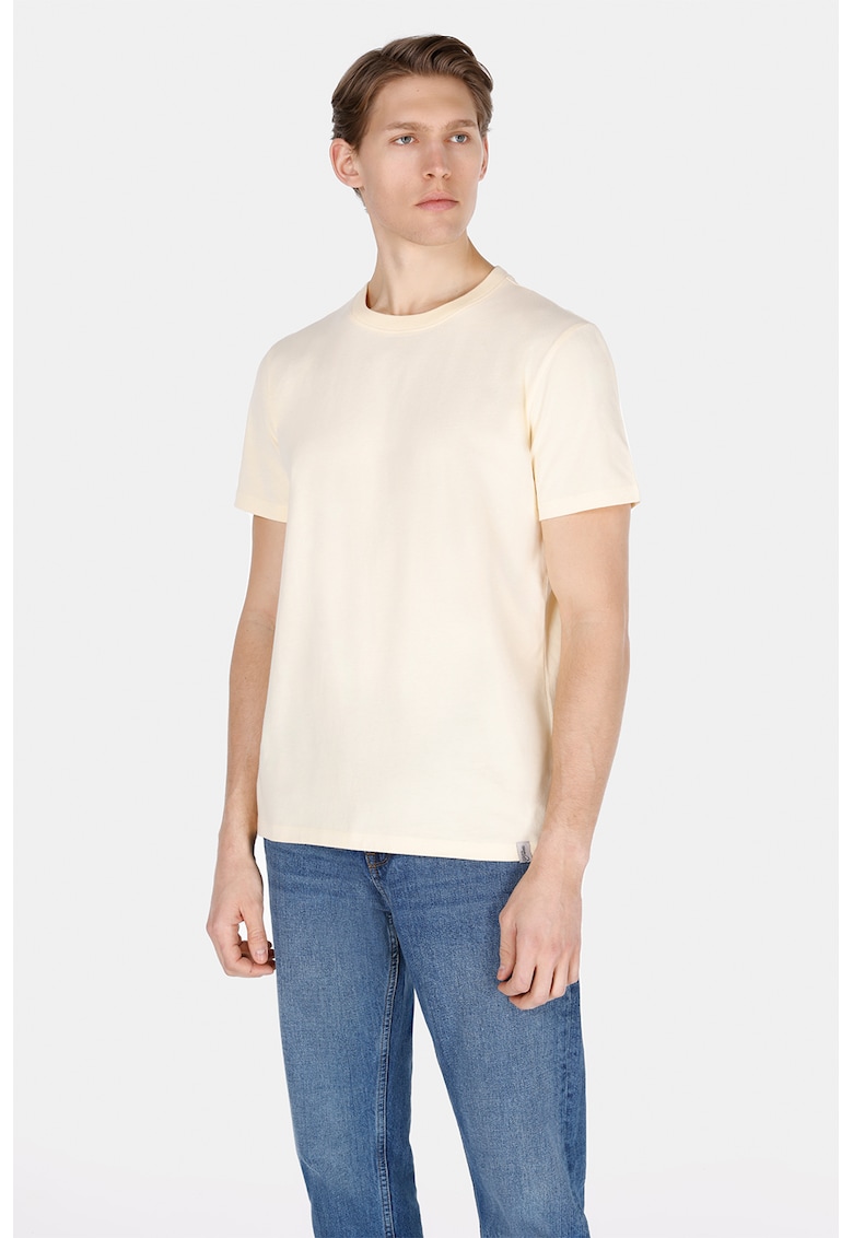 Tricou din bumbac cu model uni si decolteu la baza gatului