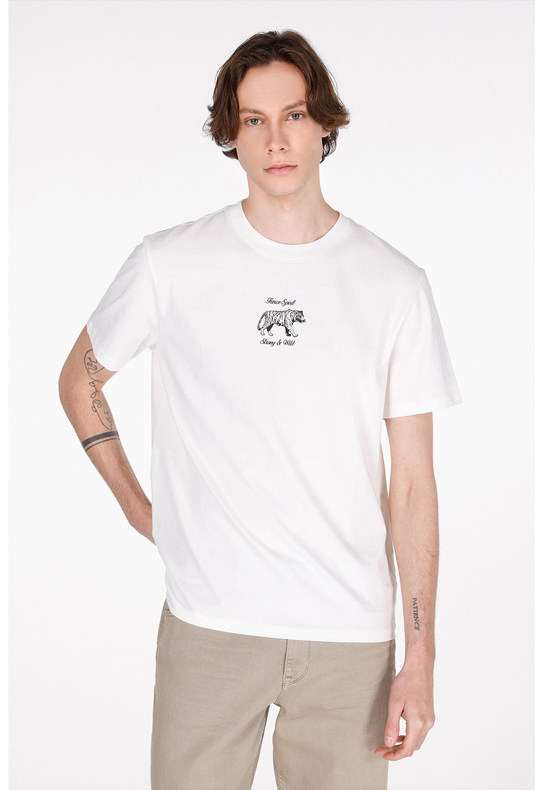 Tricou cu decolteu la baza gatului si imprimeu discret - Alb murdar