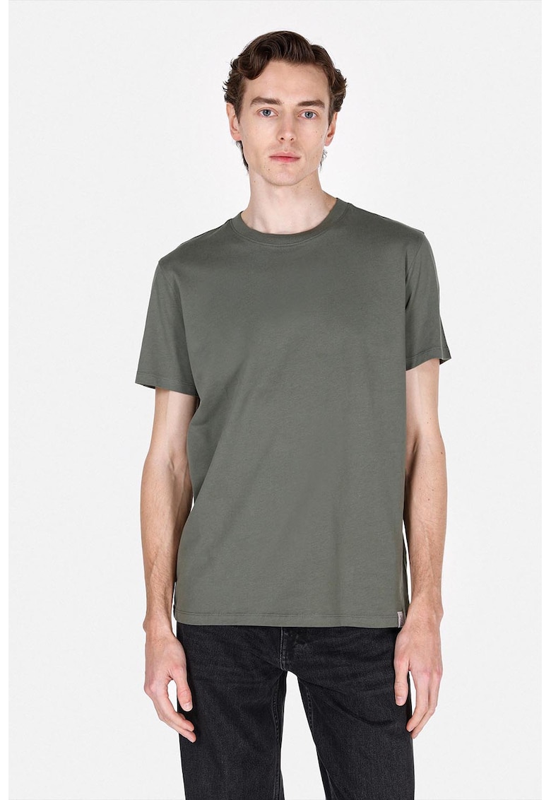 Tricou din bumbac cu model uni si decolteu la baza gatului