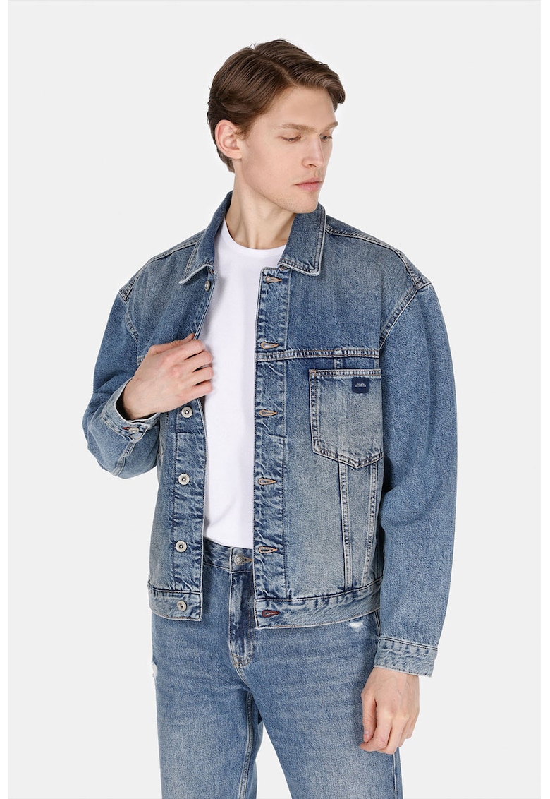 Jacheta din denim cu buzunare pe piept - Albastru