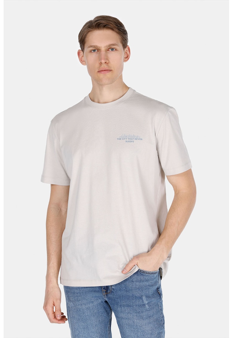 Tricou din bumbac cu decolteu la baza gatului - Gri deschis/Albastru