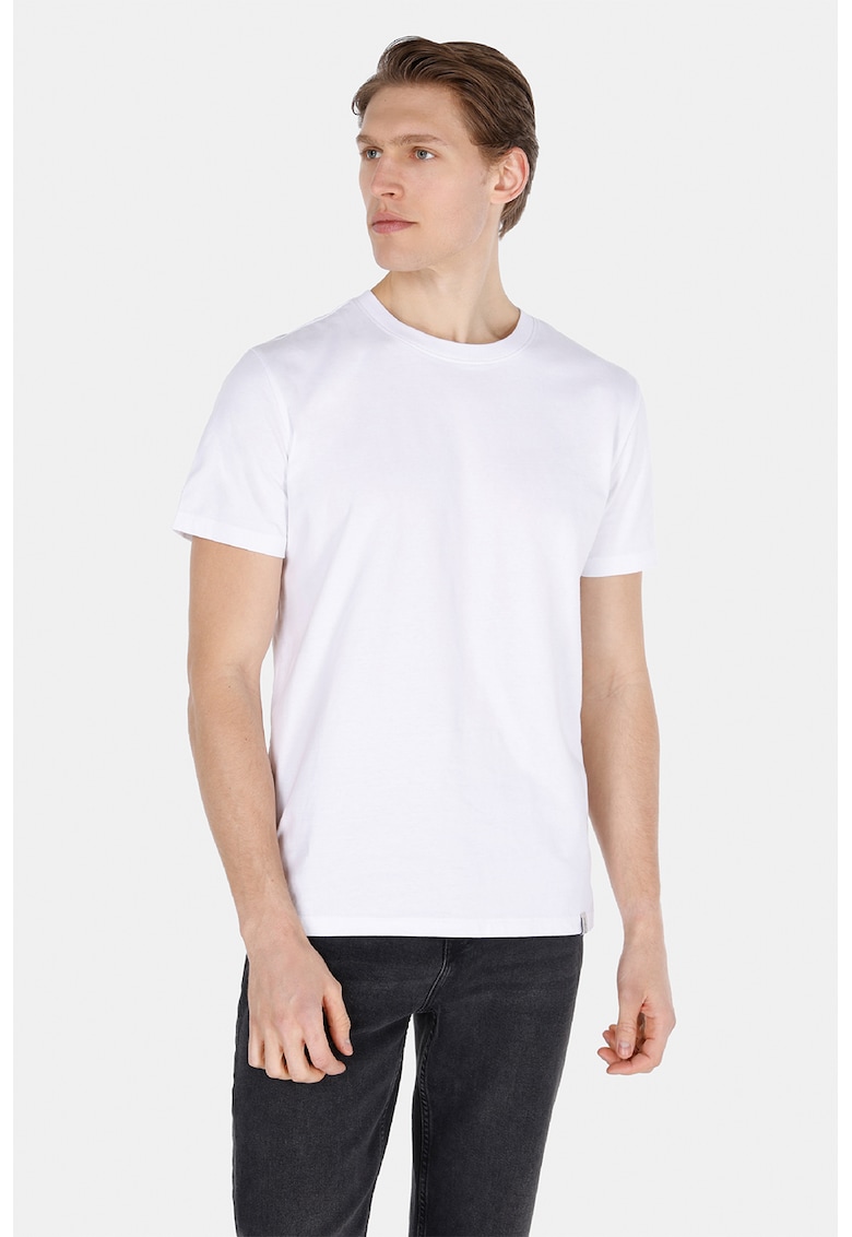 Tricou din bumbac cu model uni si decolteu la baza gatului