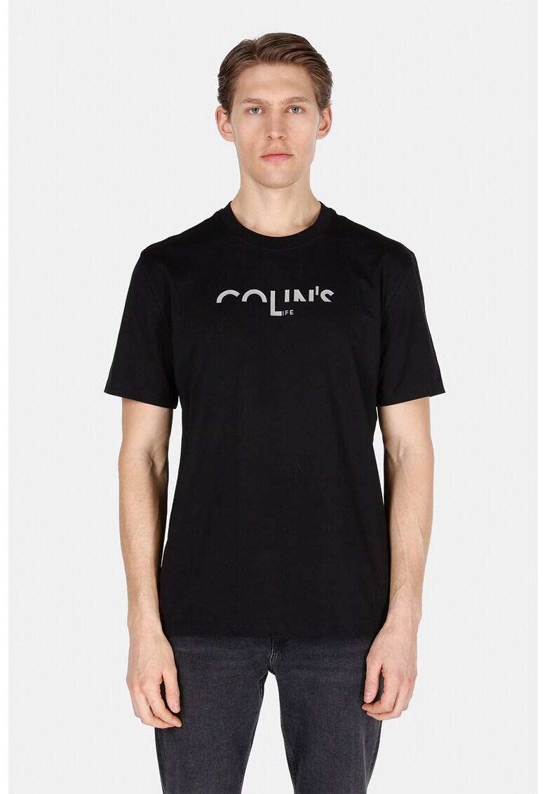 Tricou cu imprimeu si decolteu la baza gatului - Negru