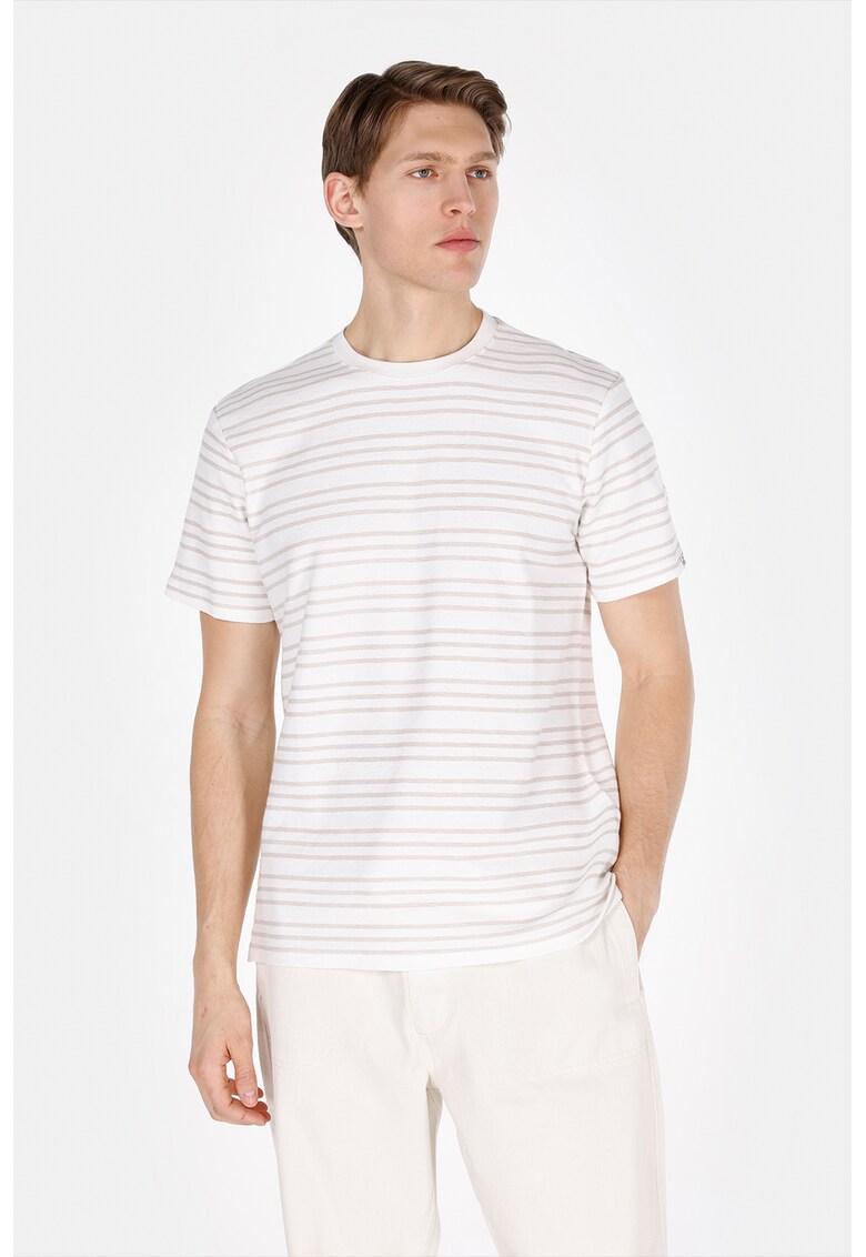 Tricou cu decolteu la baza gatului si model in dungi - Alb murdar/Bej deschis