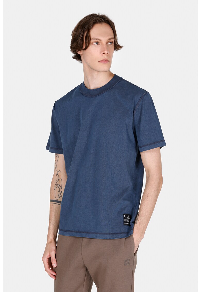 Tricou cu decolteu la baza gatului si model uni - Albastru melange