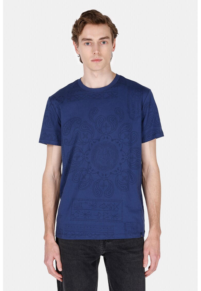 Tricou cu imprimeu si decolteu la baza gatului - Albastru indigo