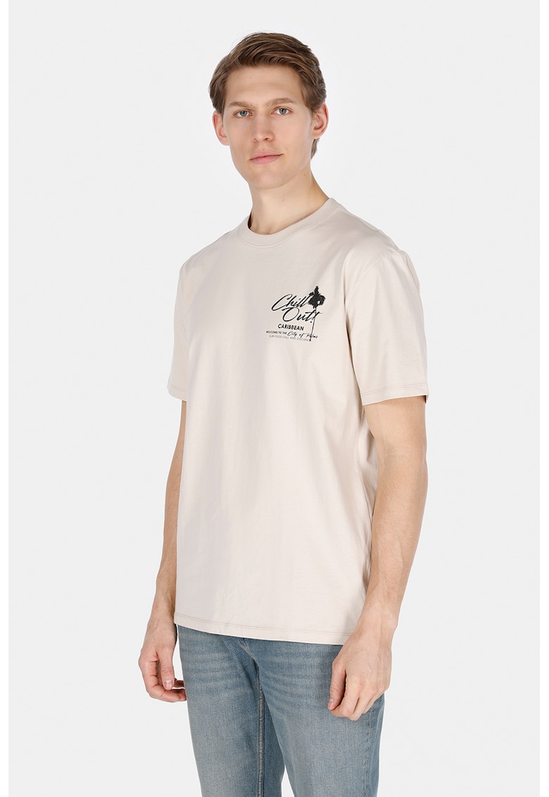 Tricou cu imprimeu grafic si model text - Bej deschis
