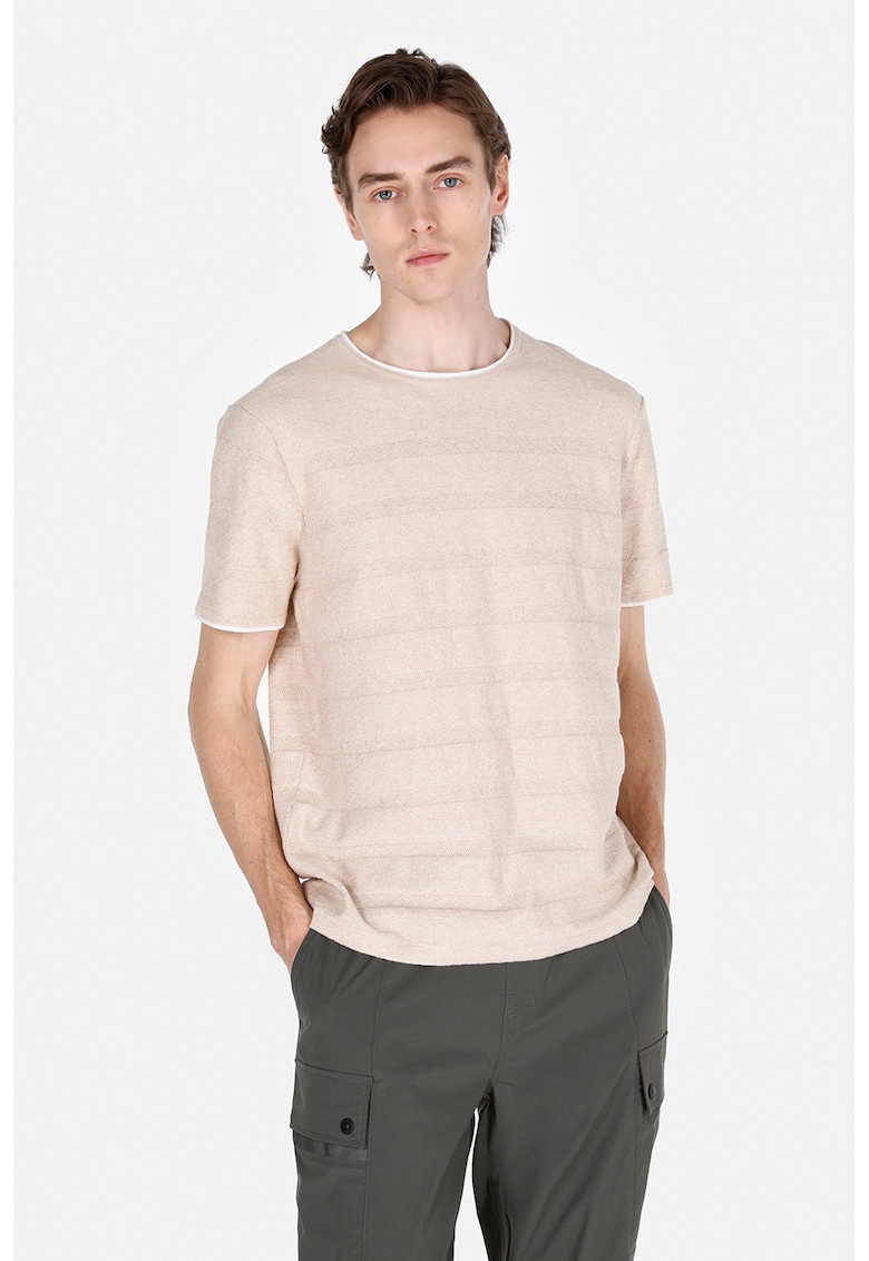 Tricou din bumbac cu decolteu la baza gatului - Bej deschis