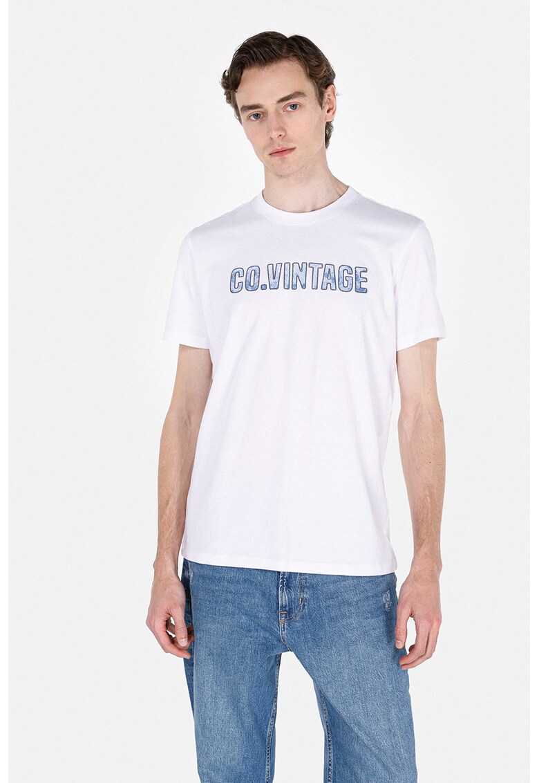 Tricou cu imprimeu text si decolteu la baza gatului - Alb/Albastru