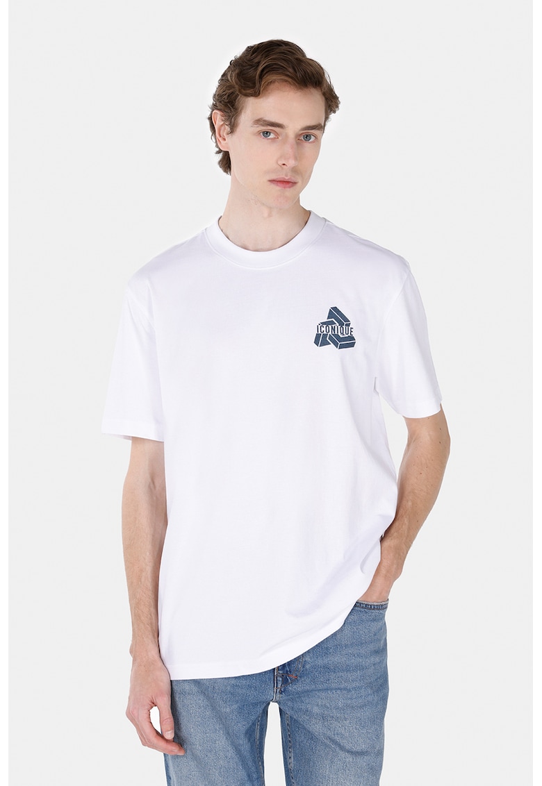 Tricou cu decolteu la baza gatului si imprimeu grafic - Alb/Albastru