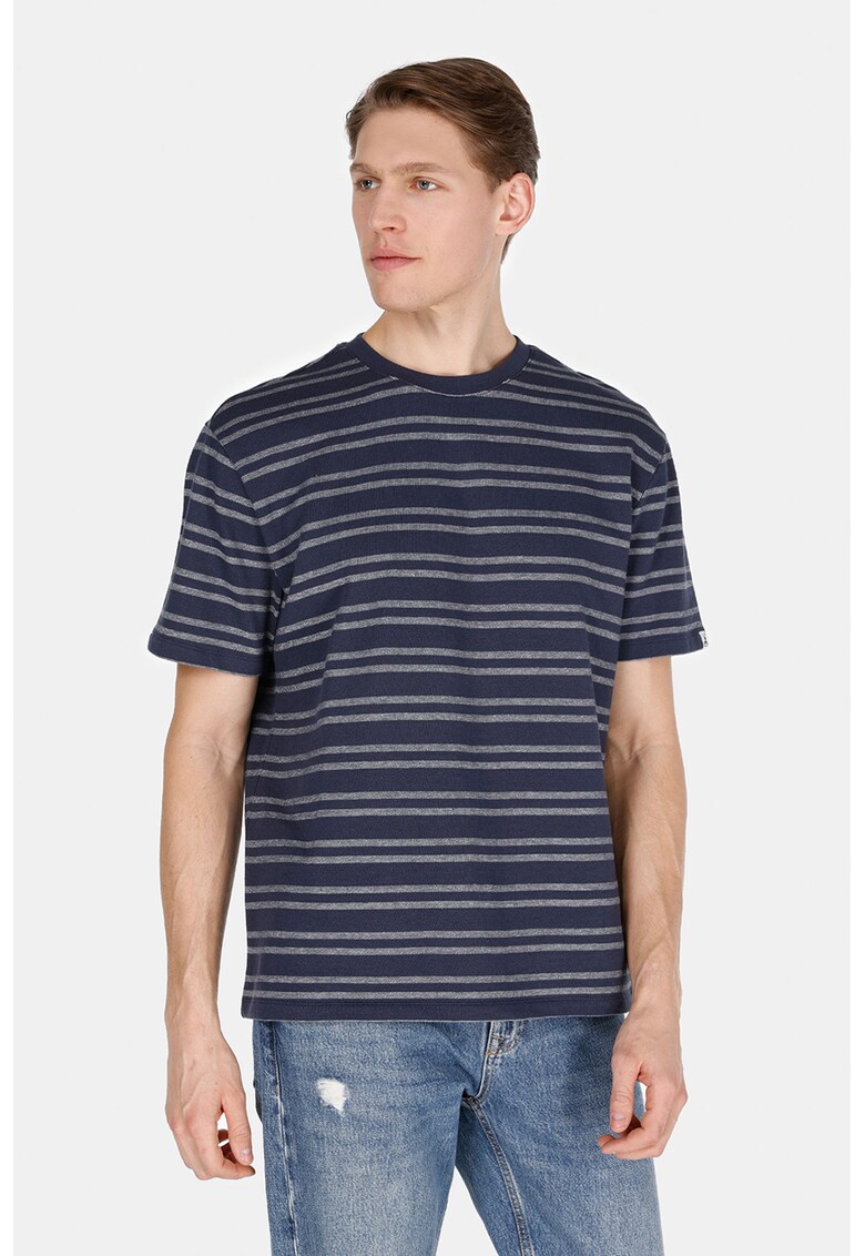 Tricou cu decolteu la baza gatului si model in dungi - Bleumarin