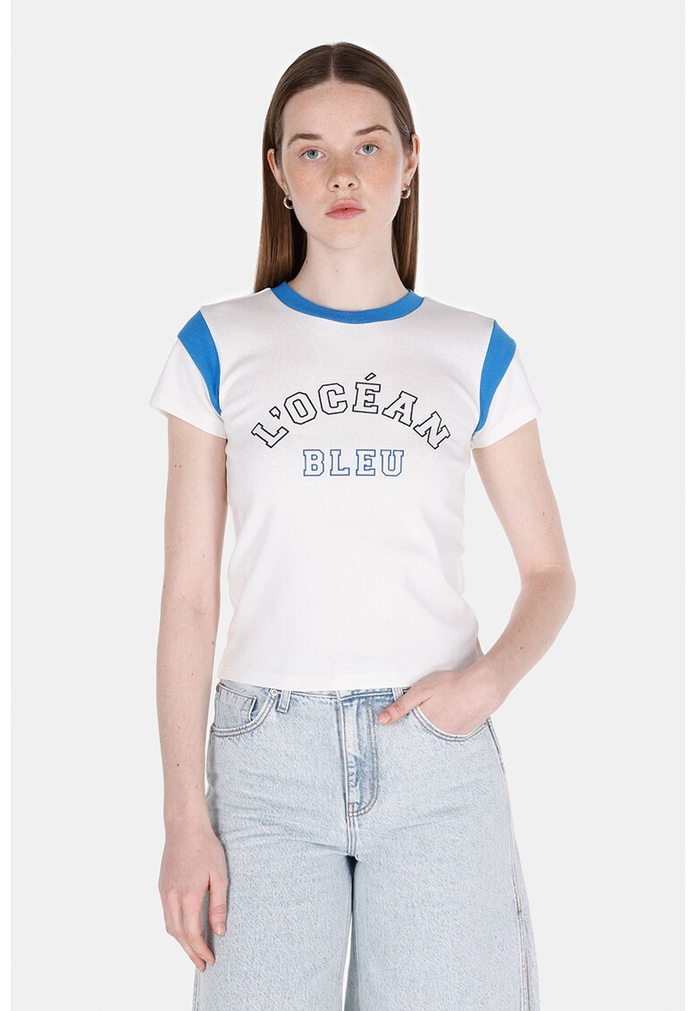 Tricou crop cu imprimeu text - Alb/Turcoaz