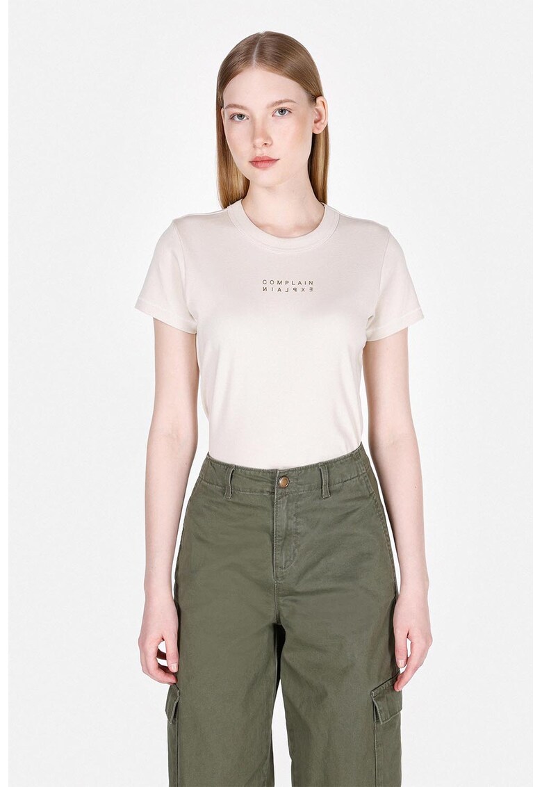 Tricou de bumbac cu decolteu la baza gatului - Bej deschis