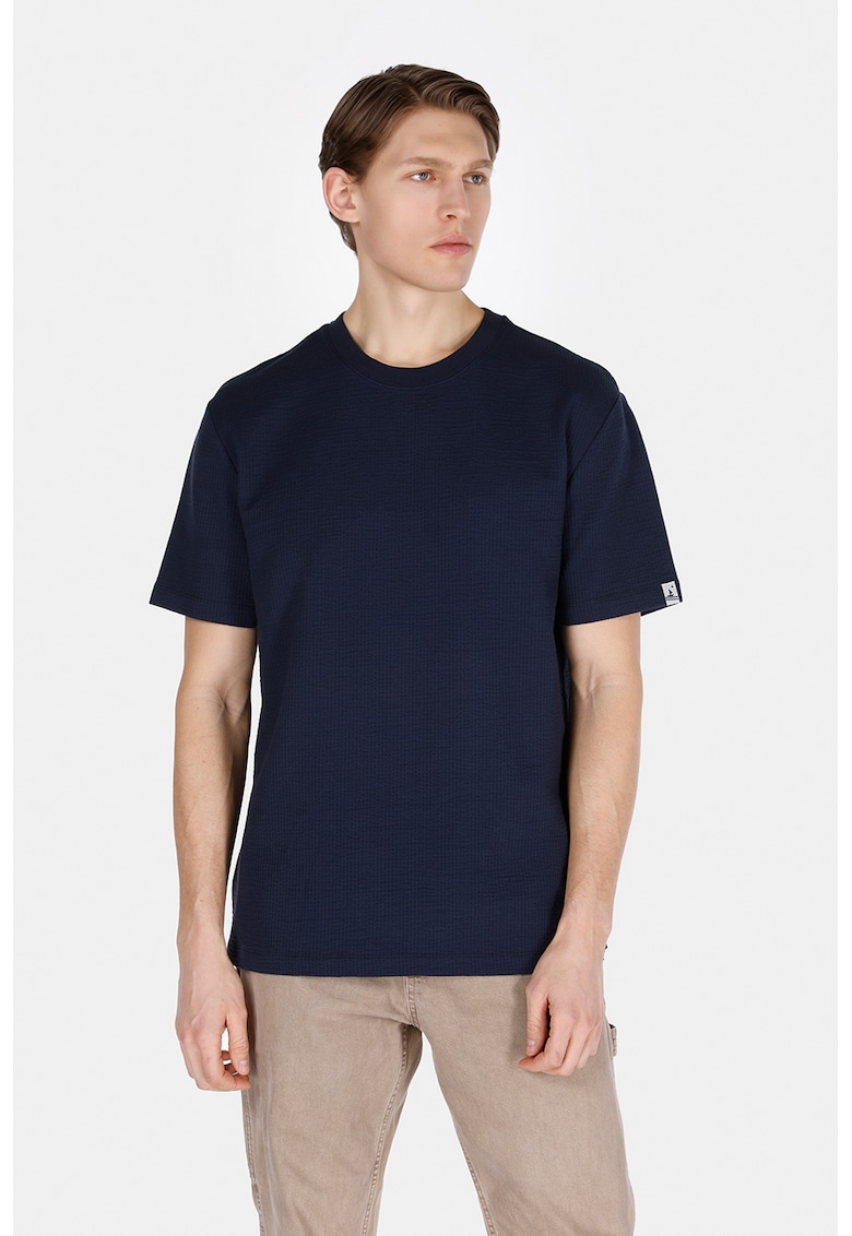 Tricou din amestec de bumbac cu decolteu la baza gatului - Albastru ultramarin