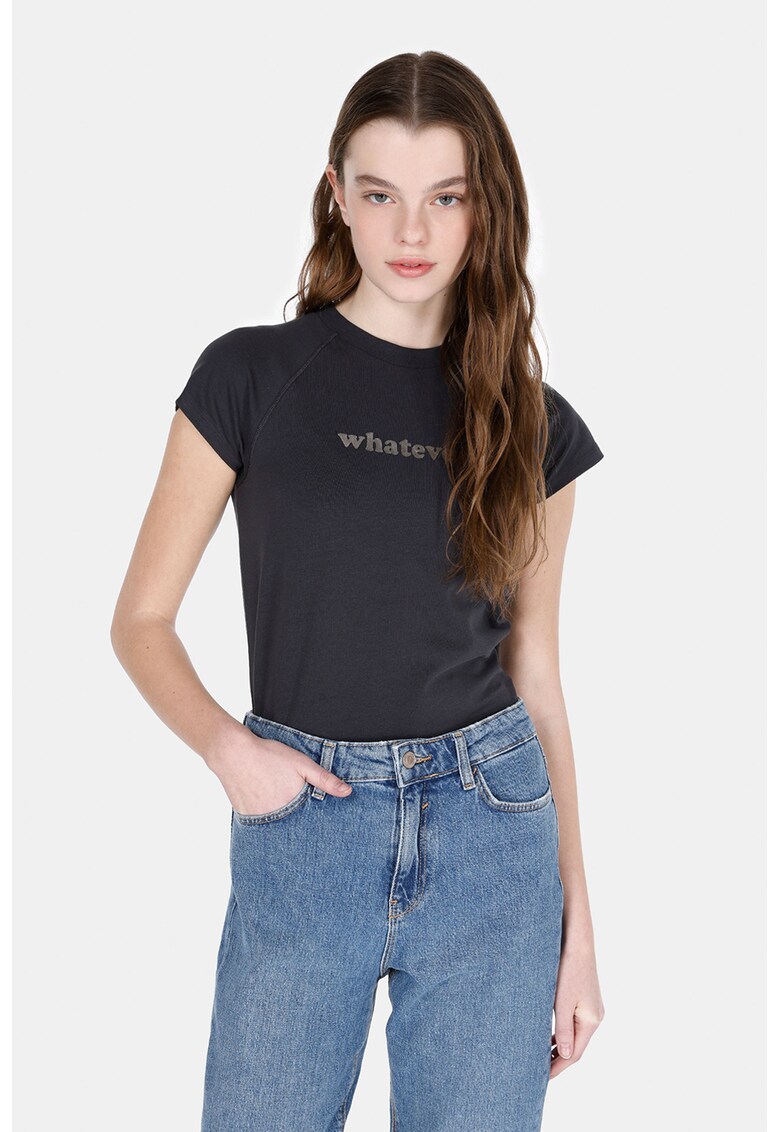 Tricou cu decolteu la baza gatului si imprimeu - Albastru ultramarin/Maro taupe