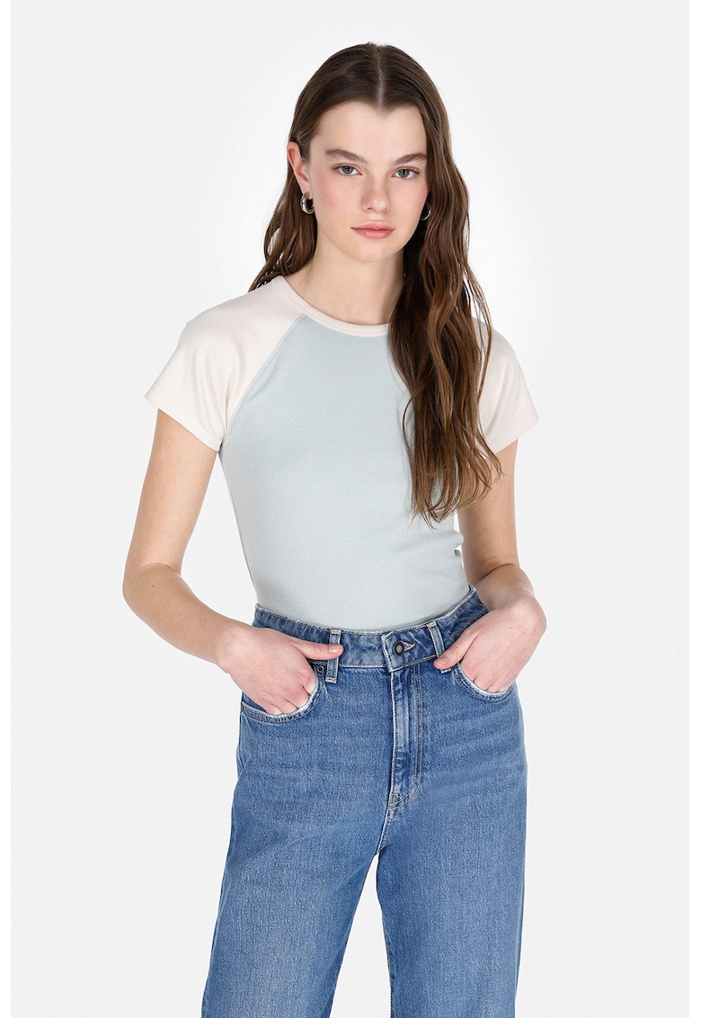 Tricou cu decolteu rotund - Verde pal/Grej