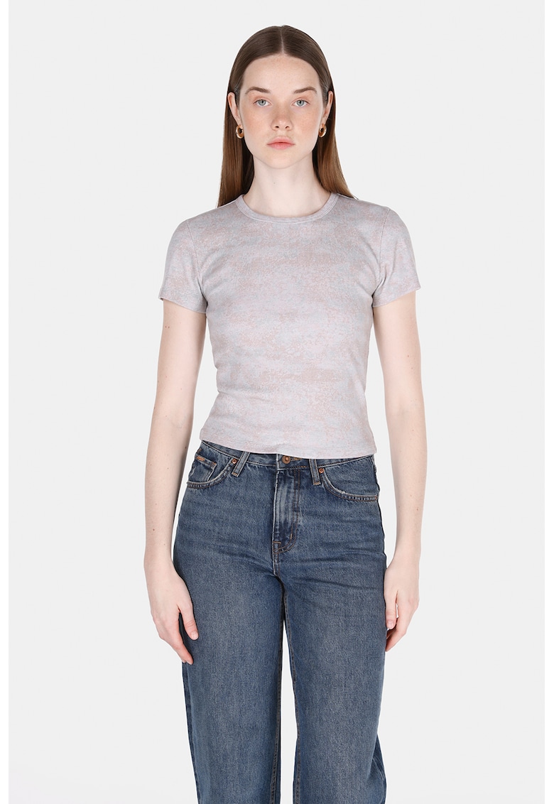 Tricou din bumbac cu decolteu la baza gatului - Gri deschis/Maro taupe