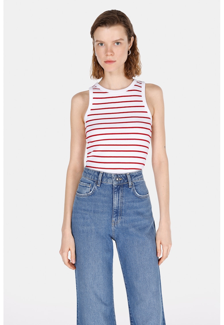 Top cu model in dungi - Alb optic/Rosu vermillion