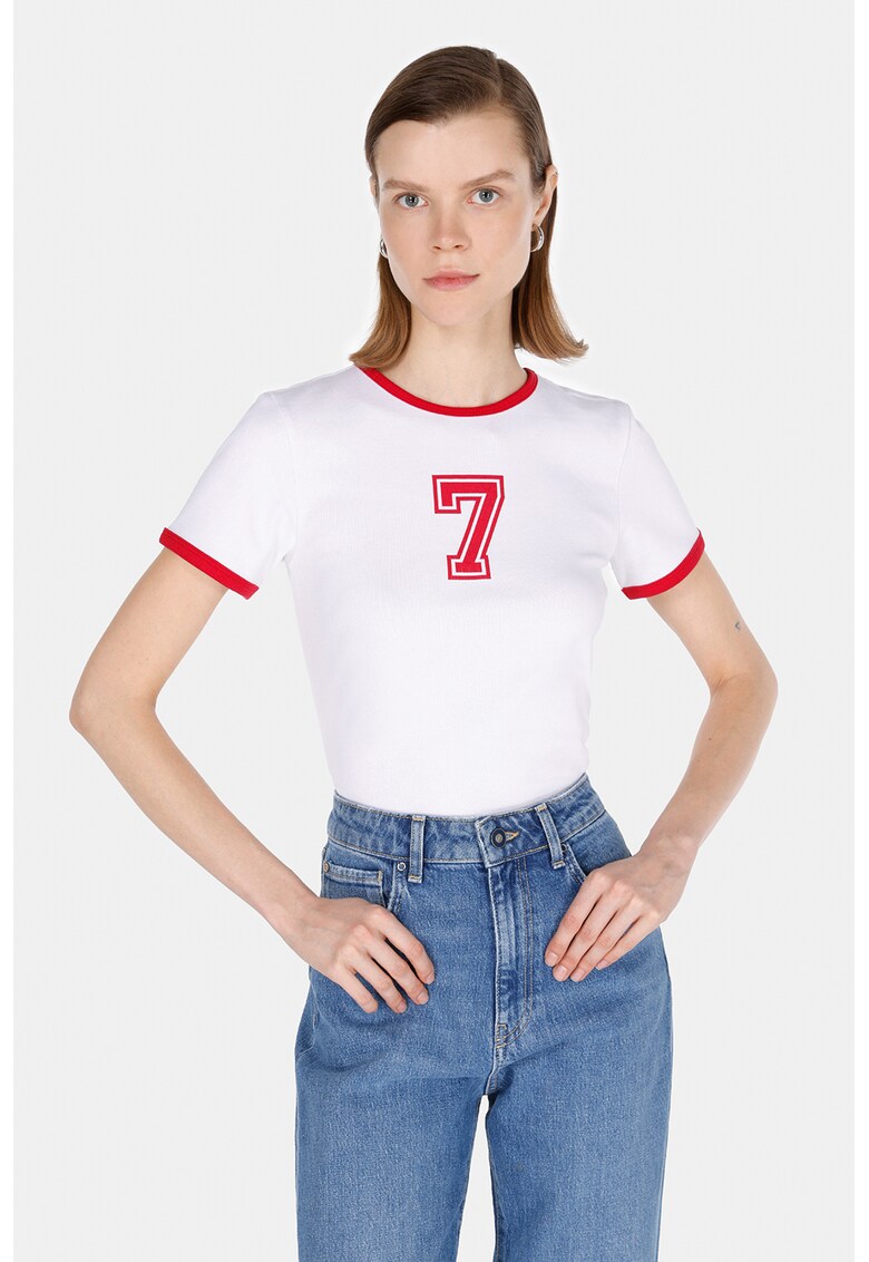 Tricou slim-fit cu imprimeu text - Alb optic/Rosu vermillion