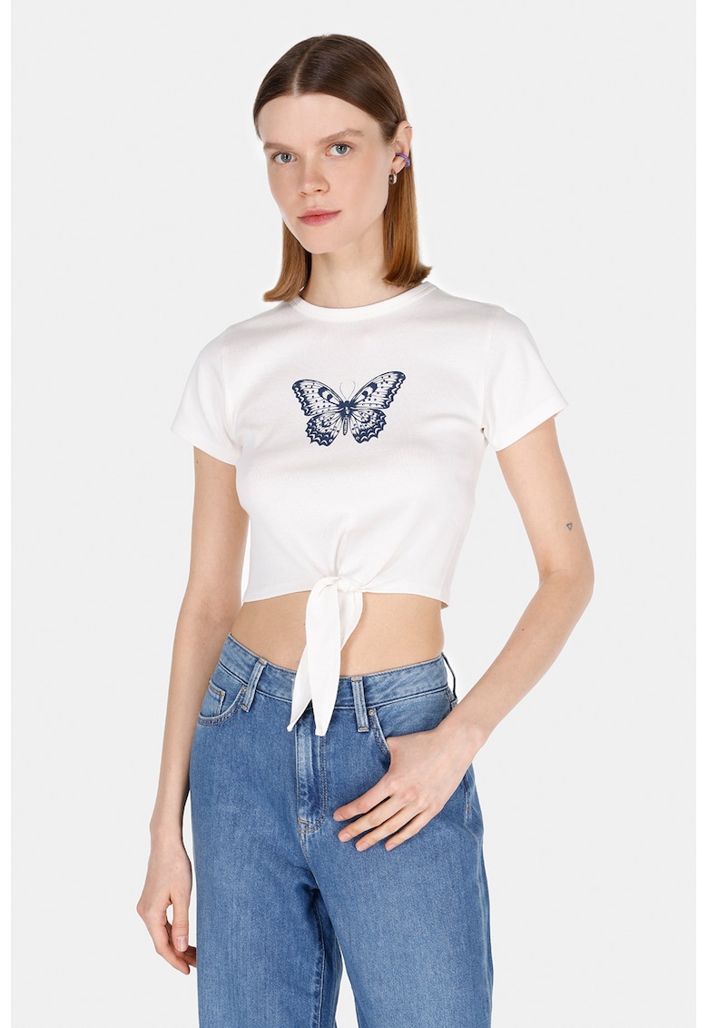 Tricou crop cu imprimeu grafic pe partea din fata