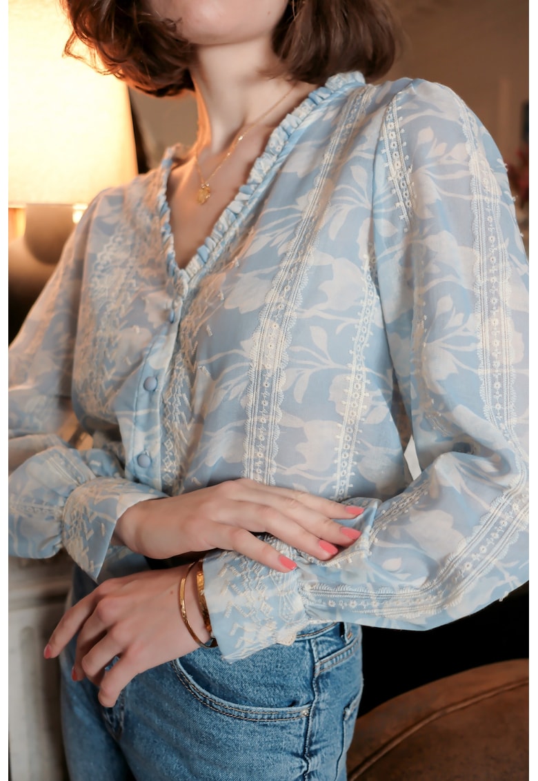 Camasa albastra cu print floral si detalii brodate - 4819T M9 17134