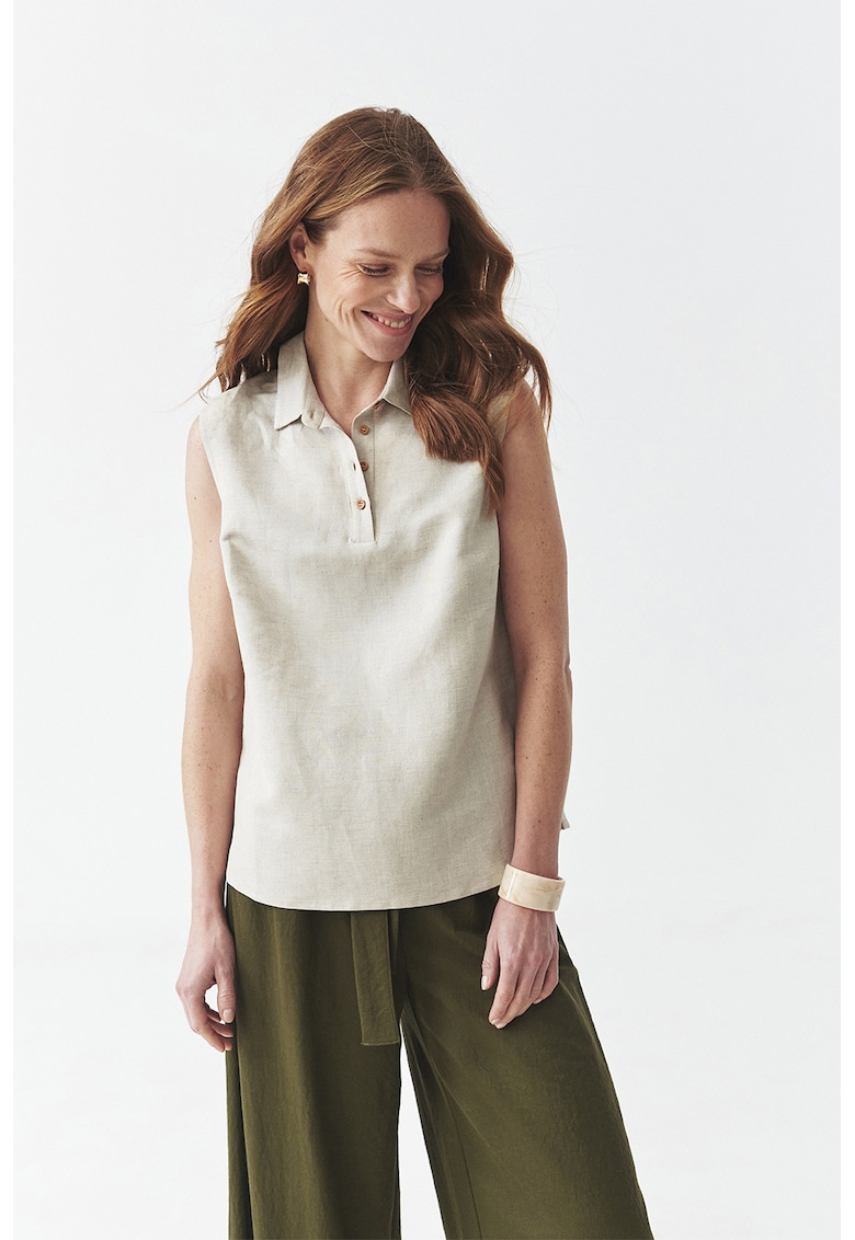 Bluza din amestec de in cu guler polo - fara maneci