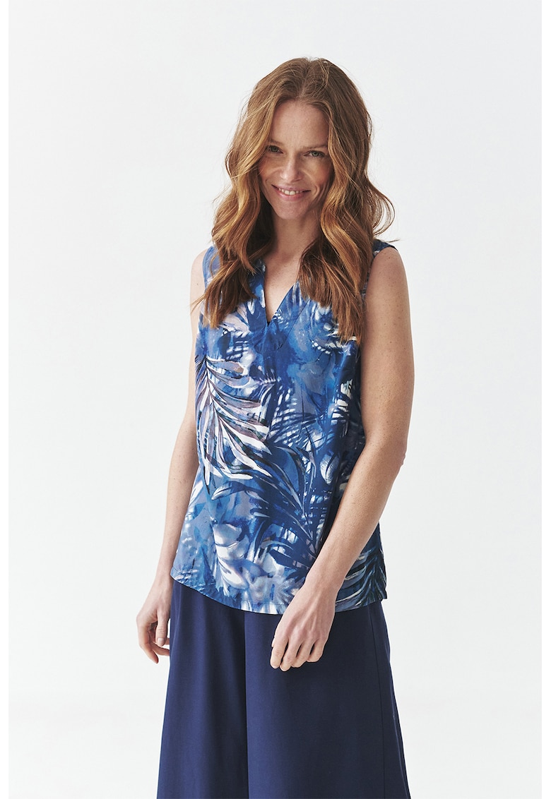 Bluza-tunica cu model - fara maneci - Alb/Albastru inchis