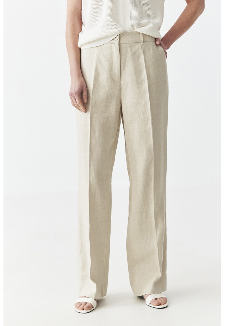 Pantaloni din in cu buzunare laterale - Maro nisip