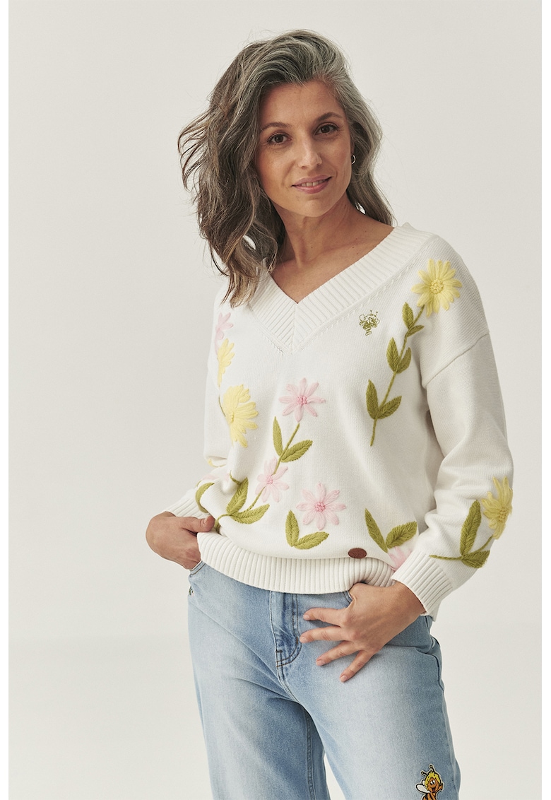 Pulover cu model floral - Alb/Galben